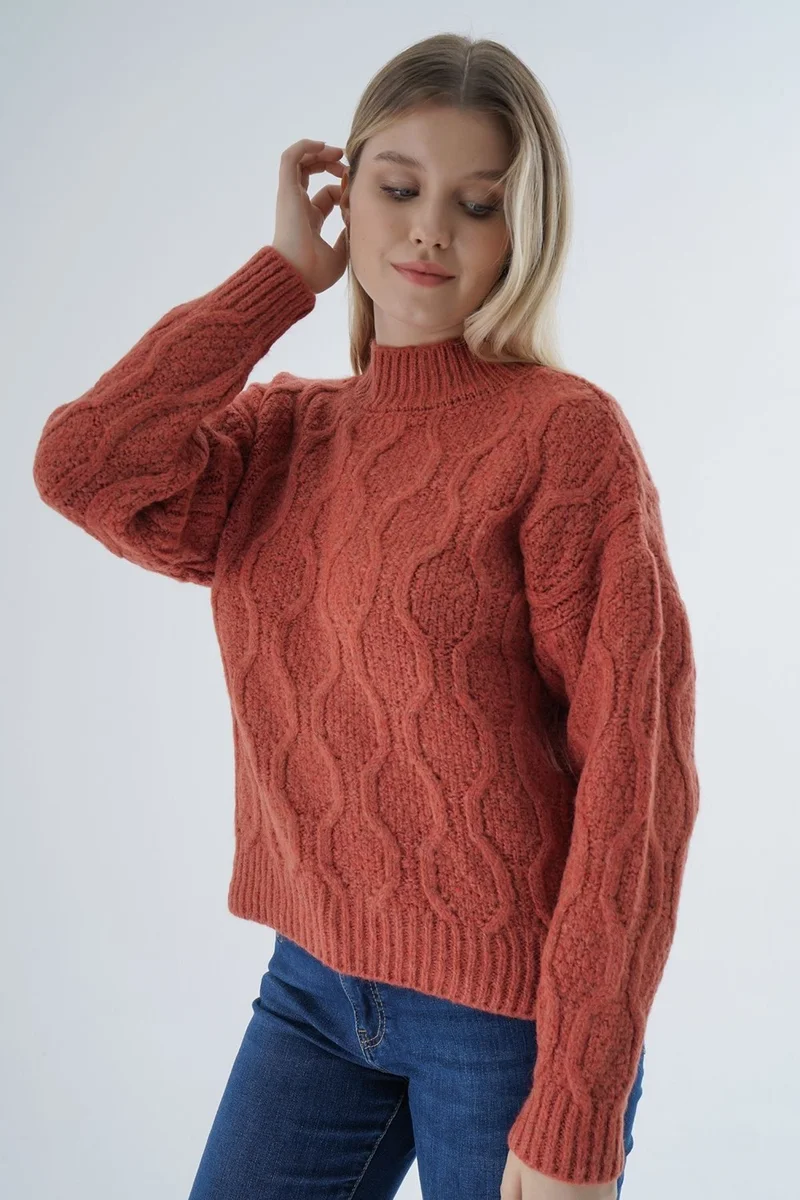 Trist Star Women's Tile Oversize Half Turtleneck Walk Honeycomb Knitting Wool Special Yarn Knitwear Knitted Sweater