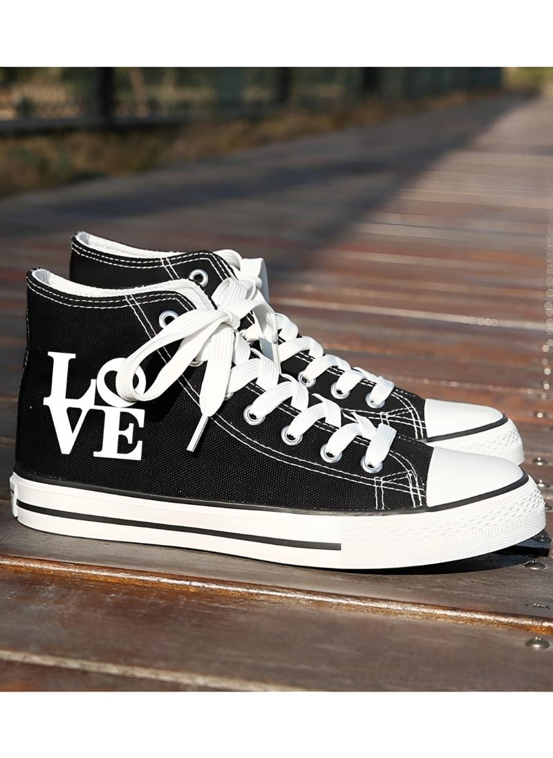 Lideral Unisex Casual Linen Comfortable High Top Black Long Converse Love Printed Sneaker Sports Shoes 