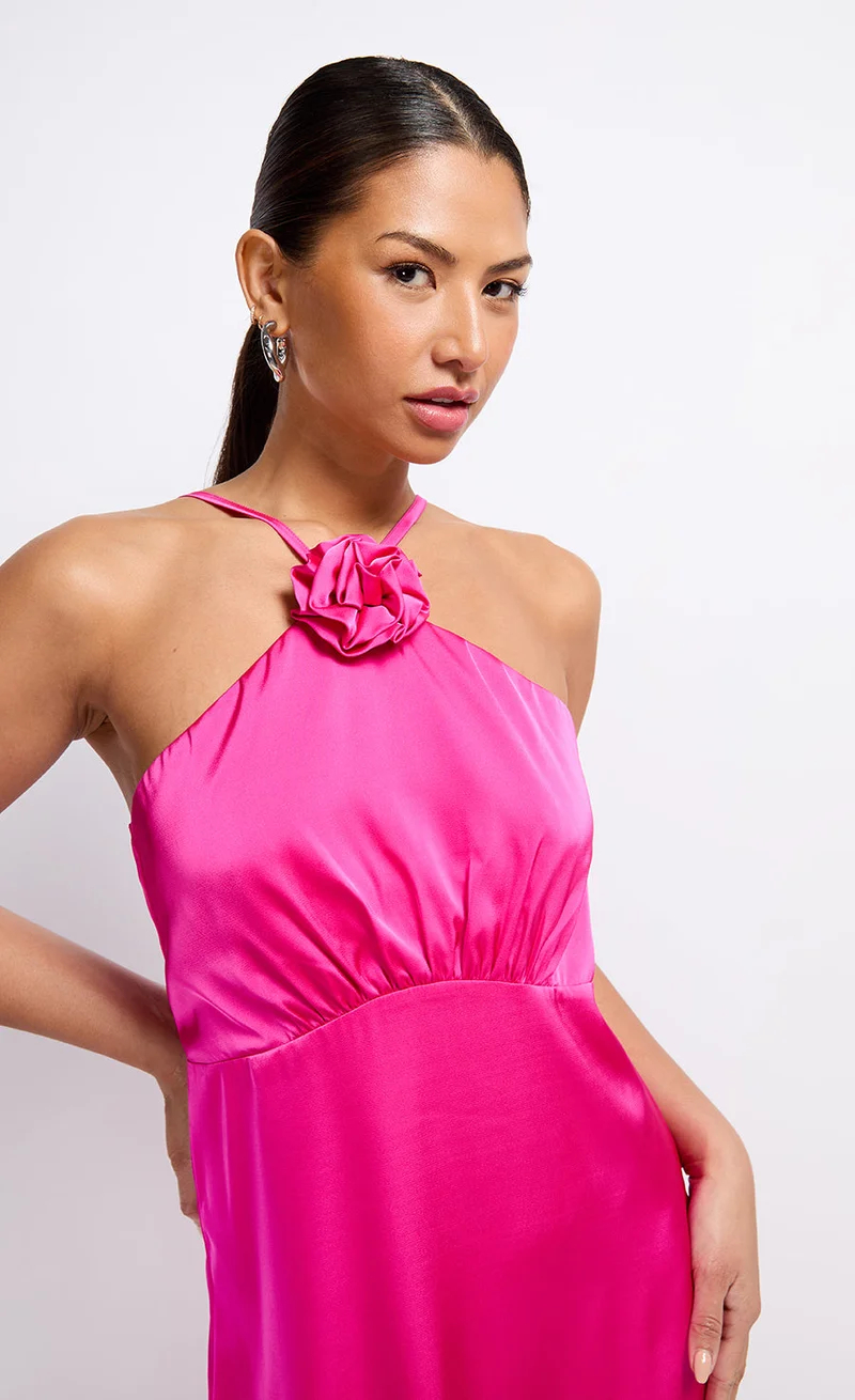 Little Mistress Pink Satin Rosette Midaxi Dress