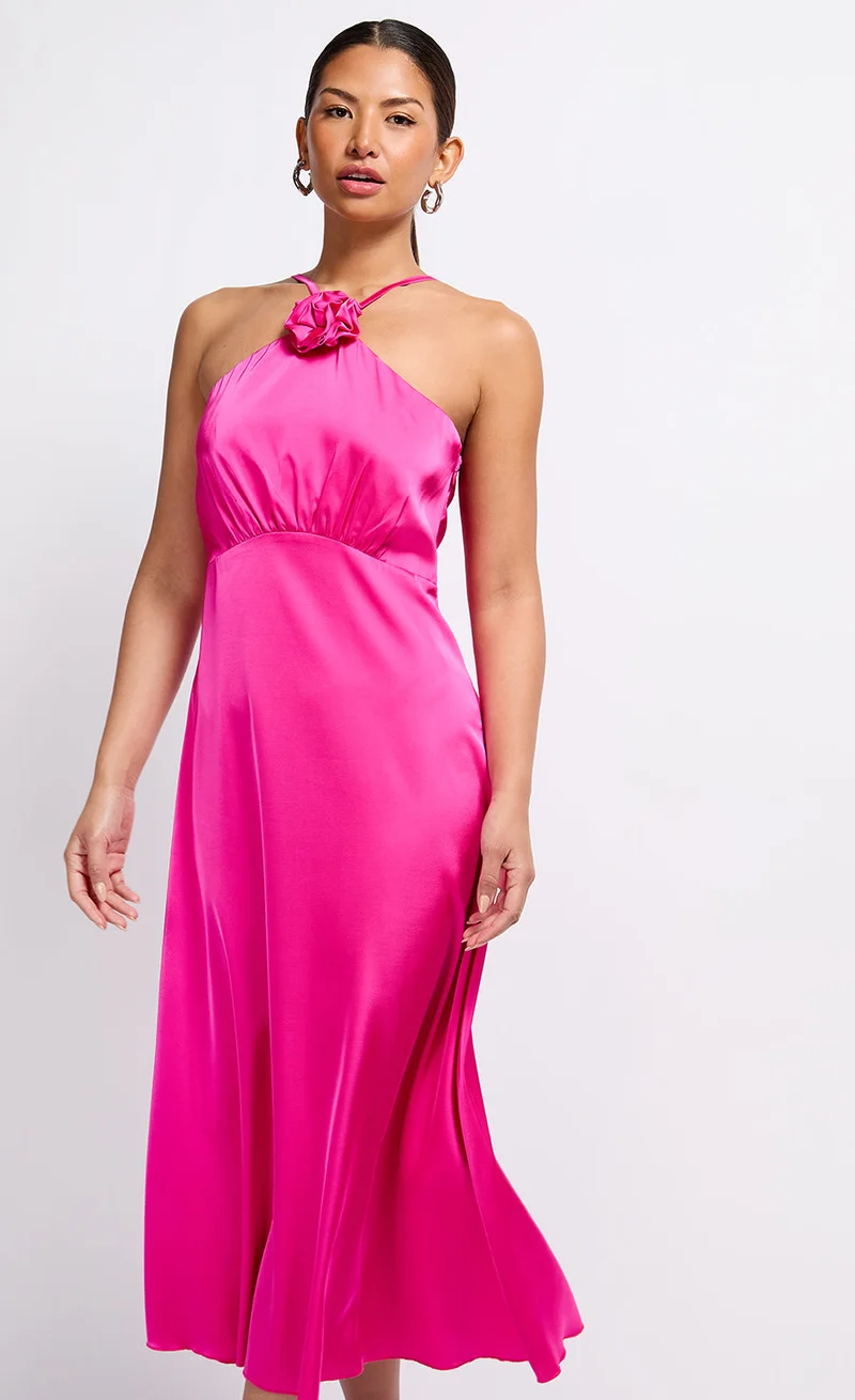 Pink Satin Rosette Midaxi Dress
