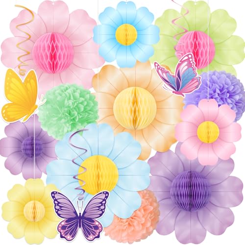 Renbuzhu 15PCS Spring Flower Paper Honeycomb Party Decorations - Pastel Hanging Decor for Birthday Classroom Floral Baby Shower Garden - Image 1
