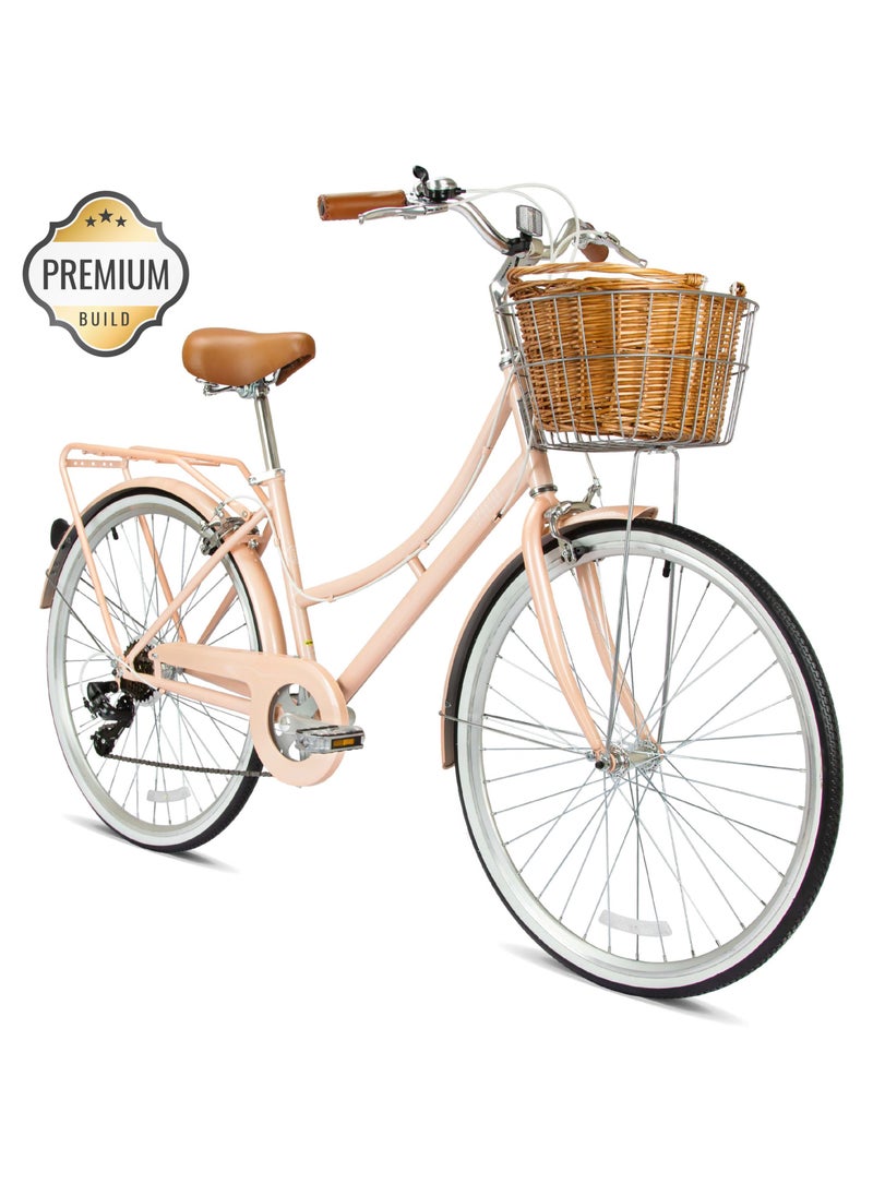 Spartan Platinum City Bike – 700C – Bikes With Gears For Women – Cruiser Bicycle For Ladies – Includes Rear Rack, Vintage Basket And Stand, Comfort Saddle – Commuter Bicycles - Peach  - Image 1