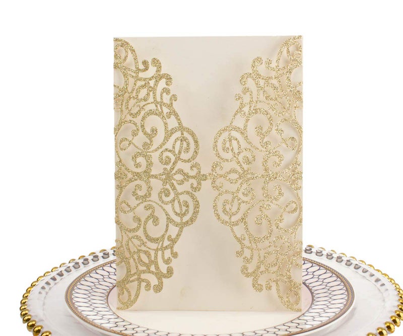 Lucky Star 50pcs 5x7 Wedding Invitations Cards Laser Cut Pocket only, No Envelope,No Insert for Wedding Bridal Shower Engagement Birthday Invite (Champagne Gold Glitter) - Image 1