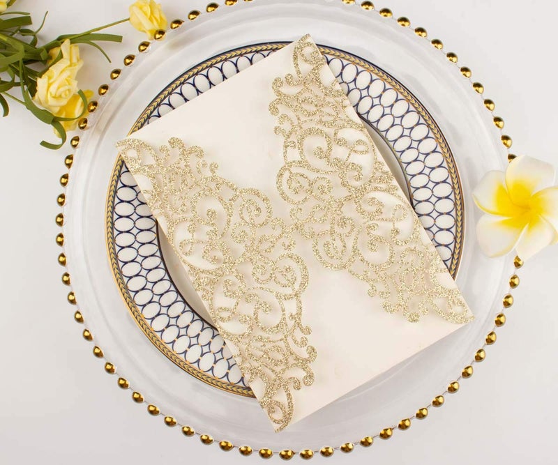 Lucky Star 50pcs 5x7 Wedding Invitations Cards Laser Cut Pocket only, No Envelope,No Insert for Wedding Bridal Shower Engagement Birthday Invite (Champagne Gold Glitter) - Image 4