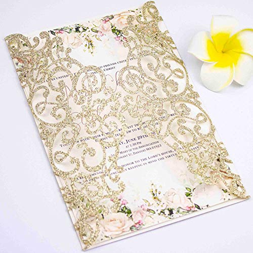 Lucky Star 50pcs 5x7 Wedding Invitations Cards Laser Cut Pocket only, No Envelope,No Insert for Wedding Bridal Shower Engagement Birthday Invite (Champagne Gold Glitter) - Image 5