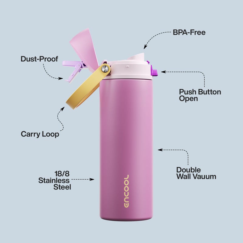 ENCOOL Insulated Water Bottle with Straw - Encool Stainless Steel Water Bottle with Push Button Lid, Leak-Proof & BPA-Free, Keeps Cold for 24 Hours for Sports, Travel, Gym (24 oz, Light Orchid-Fuchsia) - Image 4