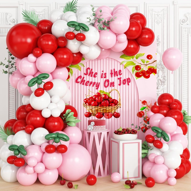 Vibzox Cherry Balloon Garland Arch Kit Red Pink White Green Long Balloons for Girls Birthday She is Cherry on Top Baby Shower Wedding Bridal Party Decorations - Image 2
