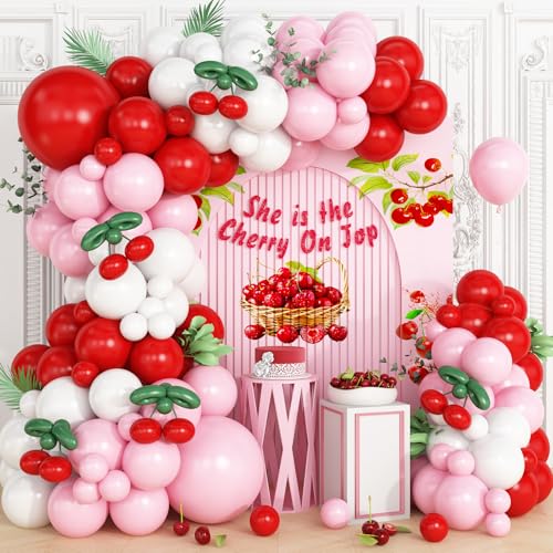 Vibzox Cherry Balloon Garland Arch Kit Red Pink White Green Long Balloons for Girls Birthday She is Cherry on Top Baby Shower Wedding Bridal Party Decorations - Image 1