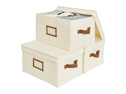 StorageWorks Large Storage Bins with Lids, Decorative Storage Boxes with Lid and PU Handles, Foldable Storage Baskets for Closet, Shelves, Stackable, Ivory, 3-Pack - Image 1
