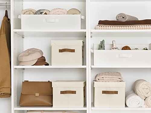 StorageWorks Large Storage Bins with Lids, Decorative Storage Boxes with Lid and PU Handles, Foldable Storage Baskets for Closet, Shelves, Stackable, Ivory, 3-Pack - Image 4