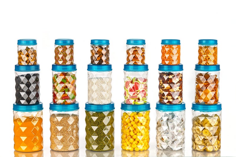 Clazkit Plastic Pet Storage Jar and Container Set of 18 (6 x 350ml, 6 x 650ml, 6 x 1.20ltrs), Blue | Air Tight | Kitchen Organiser | BPA Free | Stackable - Image 4
