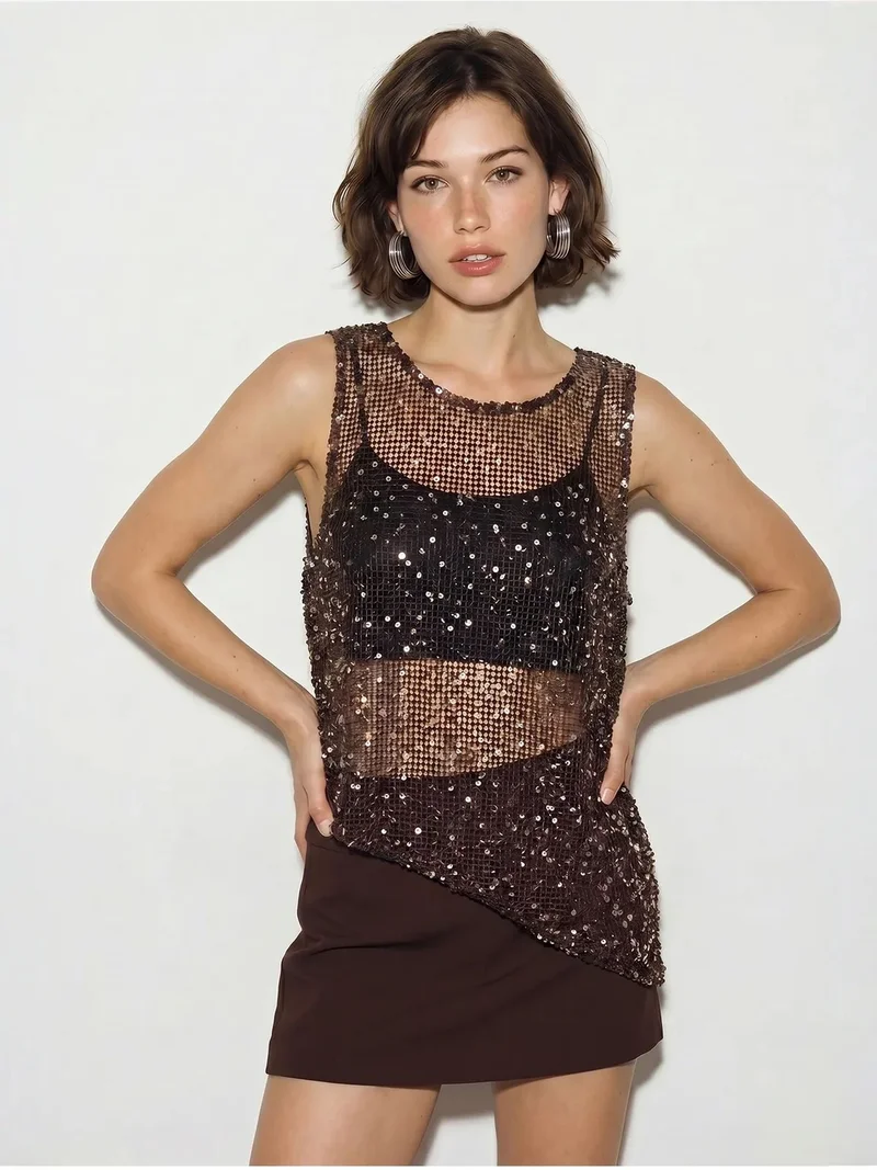 Bianco Lucci LUCCI Sleeveless Sequin Net Blouse