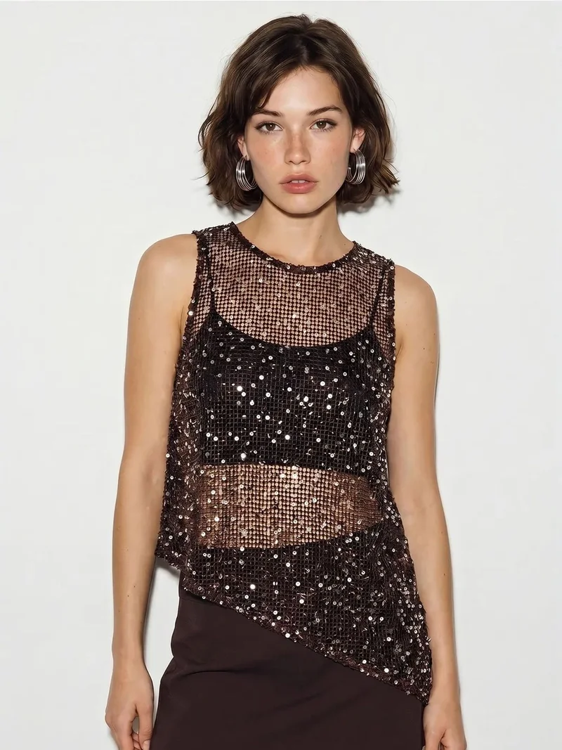 Bianco Lucci LUCCI Sleeveless Sequin Net Blouse