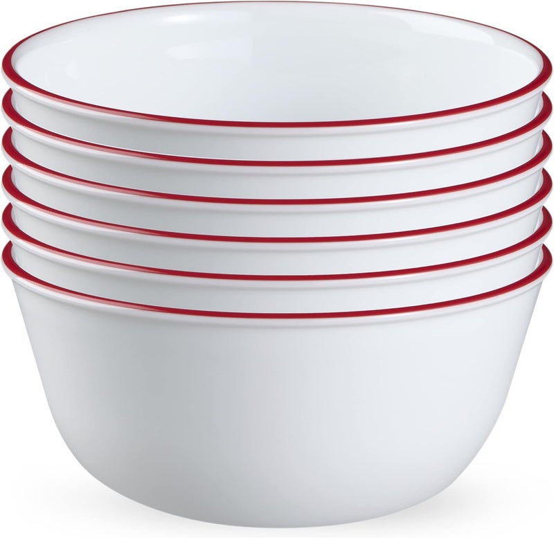Corelle طقم 6 قطع من أوعية كوريل فيتريل الزجاجية للحساء والحبوب والحلويات مقاومة للرقائق خفيفة الوزن طقم أدوات المائدة مزينة باللون الأحمر سعة 28 أونصة - Image 1