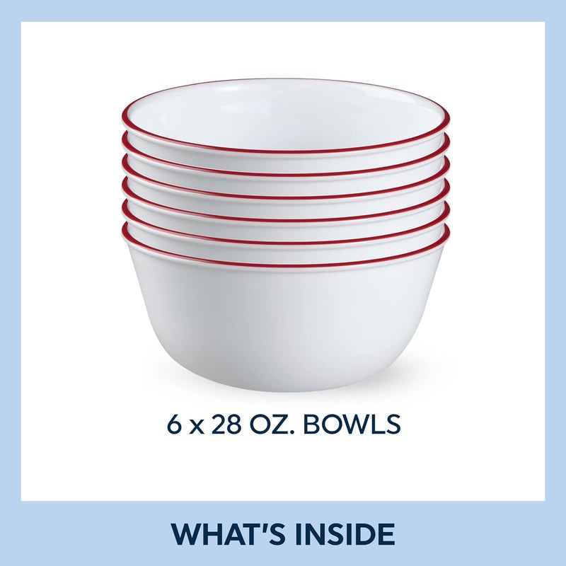 Corelle طقم 6 قطع من أوعية كوريل فيتريل الزجاجية للحساء والحبوب والحلويات مقاومة للرقائق خفيفة الوزن طقم أدوات المائدة مزينة باللون الأحمر سعة 28 أونصة - Image 2