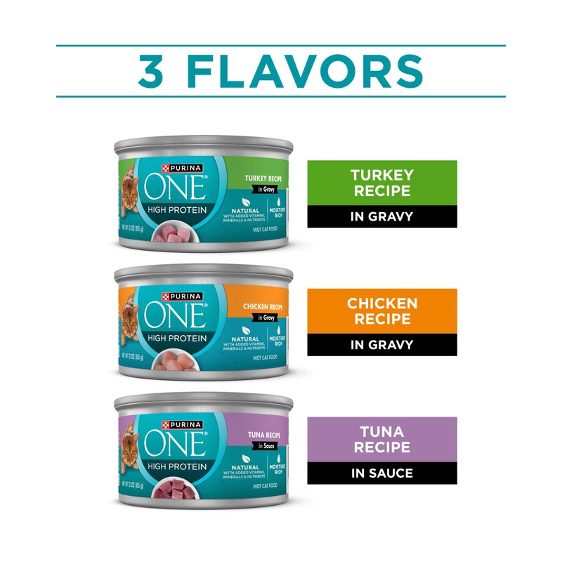 Purina ONE Natural, High Protein Cat Food Variety Pack, Turkey, Chicken and Tuna Recipes - (2 Packs of 12) 3 oz. Cans - Image 2