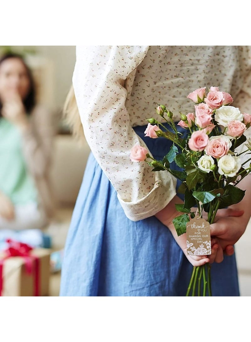 SOLARAE 100 Pcs Kraft Gift Paper Tags, White Lace Print Hang Tag with 40 Meters Hemp Rope, Thank You for Sharing Our Special Day" Rectangle Brown Tags, Suitable for Gifts Wrapping, Craft Project - Image 5