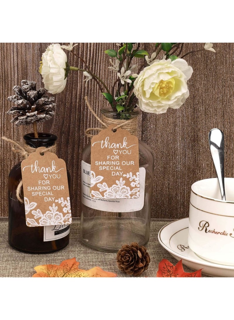 SOLARAE 100 Pcs Kraft Gift Paper Tags, White Lace Print Hang Tag with 40 Meters Hemp Rope, Thank You for Sharing Our Special Day" Rectangle Brown Tags, Suitable for Gifts Wrapping, Craft Project - Image 4
