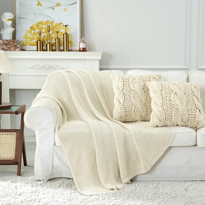 Longhui bedding لحاف منسوج بخيوط سميكة من مادة القطن العضوي، بلون كريمي، خفيف الوزن، بنسبة 100%، مناسب للأريكة أو سرير الأطفال أو غرفة الرضع، بنسبة وزن 5.2 رطل، مقاس 60” × 80 إنش، مع كيس للغسيل مرفق. - Image 4