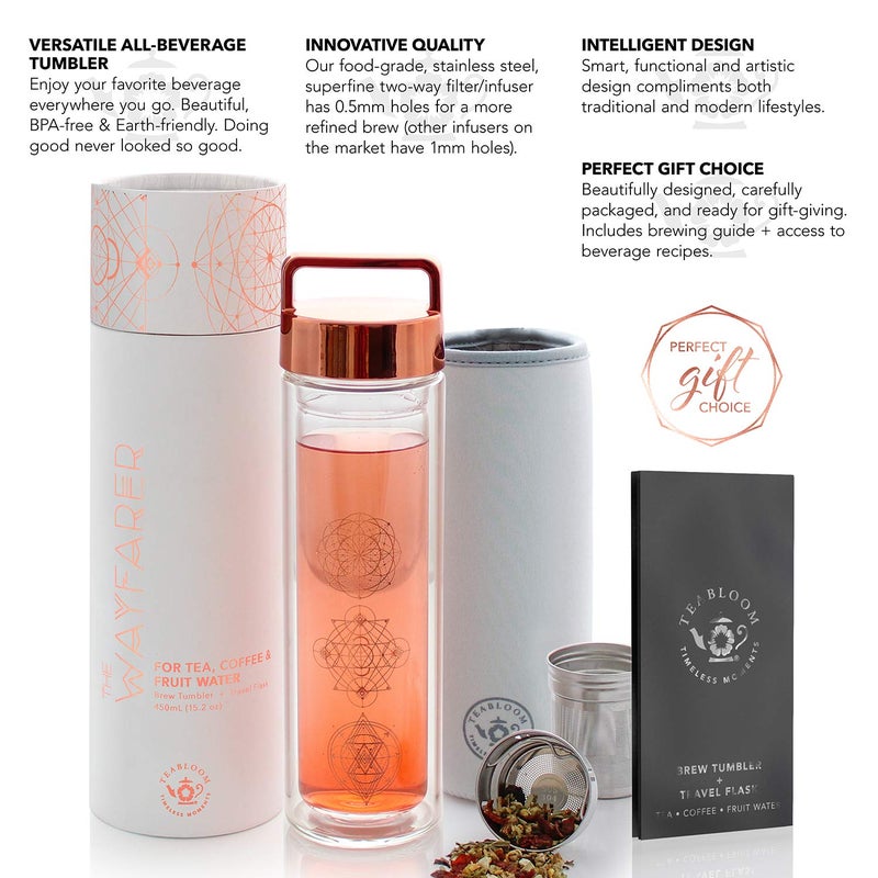 Teabloom All-Purpose Beverage Tumbler – 15 oz / 450 ml Insulated Glass Bottle – Tea, Coffee, Fruit Infused Water – All-Temperature Travel Mug – Stainless Steel Infuser Basket - Image 4