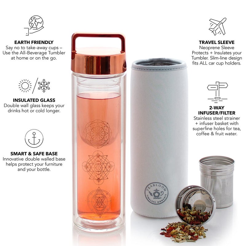 Teabloom All-Purpose Beverage Tumbler – 15 oz / 450 ml Insulated Glass Bottle – Tea, Coffee, Fruit Infused Water – All-Temperature Travel Mug – Stainless Steel Infuser Basket - Image 3