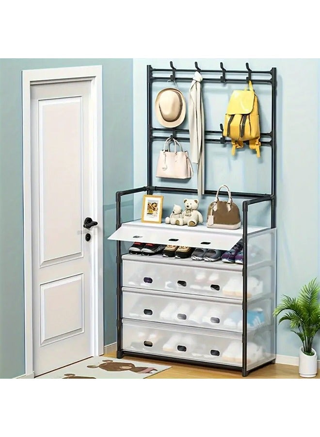 رولستيمي معطف 5 طبقات ورف الأحذية ، معطف منع الغبار ومدخل رف الأحذية ، شماعات معطف 3 في 1 ورف الأحذية ، رف معطف مع تخزين الأحذية ، رف المدخل مع السنانير للمنزل ، أسود - Image 1