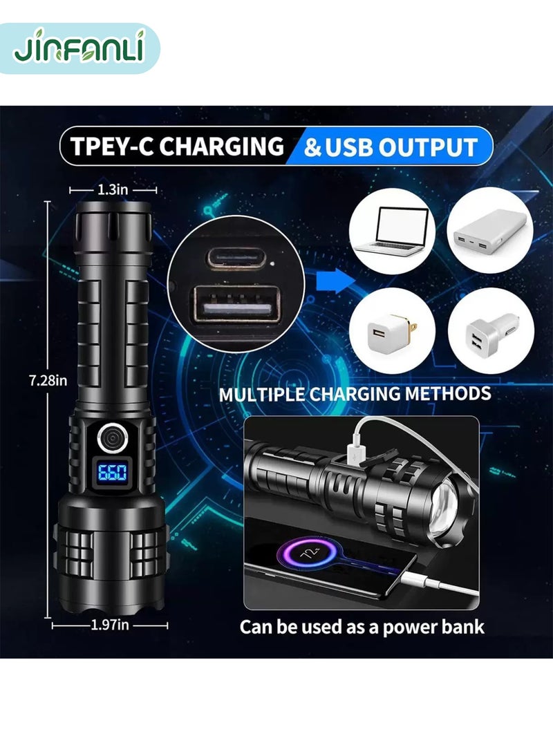 JINFANLI LED Flashlight, Super Bright Flashlight with LCD Display, Rechargeable, Military Grade Waterproof, Zoomable, Suitable for Camping - Image 2