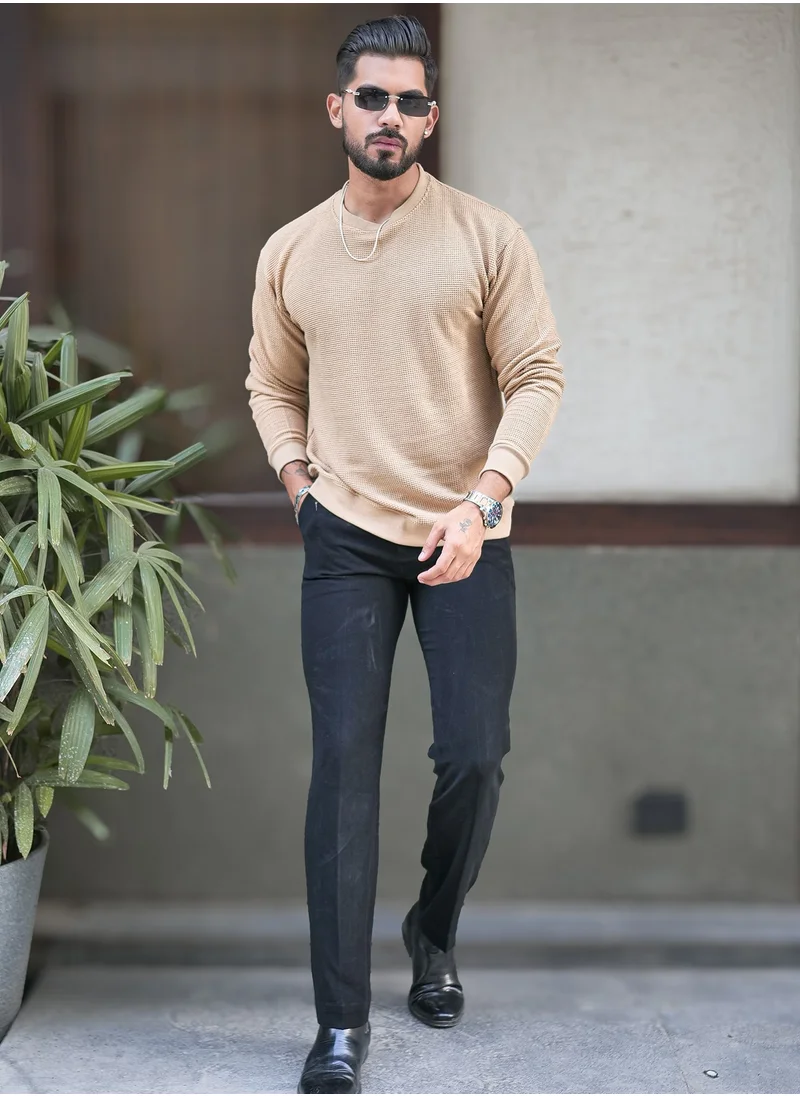 مانياك Maniac Mens Solid Textured Round Neck Full Sleeve Beige Cotton Sweatshirt