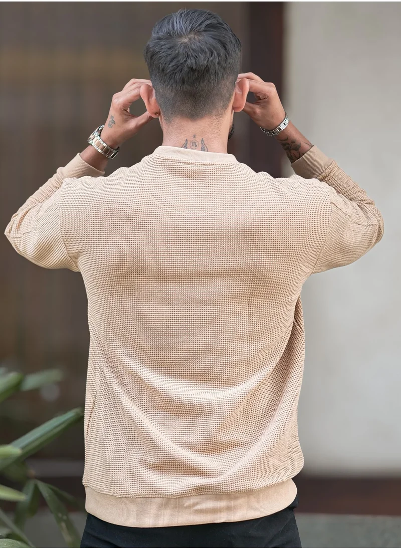 مانياك Maniac Mens Solid Textured Round Neck Full Sleeve Beige Cotton Sweatshirt