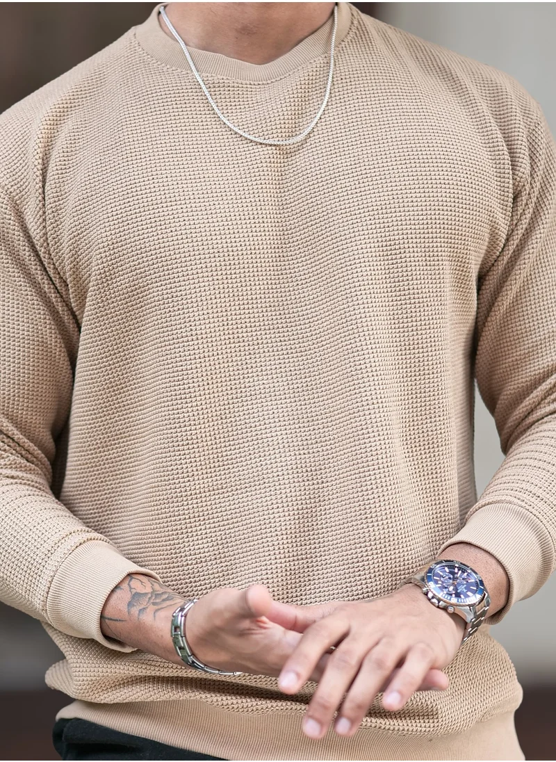 مانياك Maniac Mens Solid Textured Round Neck Full Sleeve Beige Cotton Sweatshirt