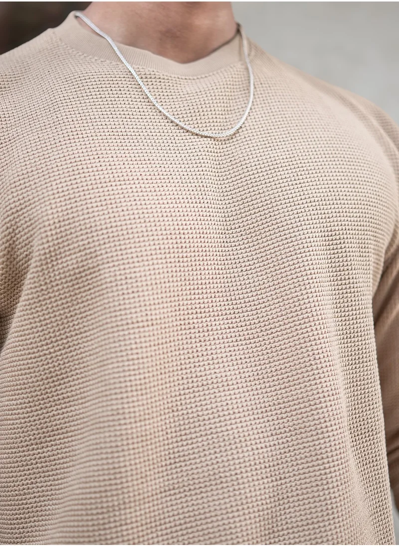مانياك Maniac Mens Solid Textured Round Neck Full Sleeve Beige Cotton Sweatshirt