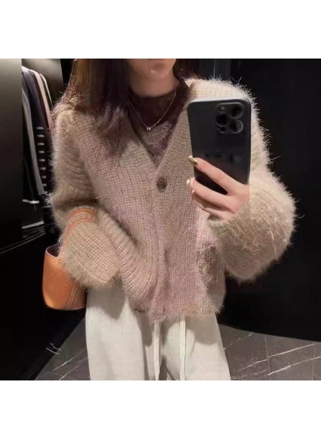 Leyuan Autumn Winter New Faux Mink Velvet Solid Color V-neck Knitted Cardigan Long Sleeve Coat Loose Lazy Style Women's Sweater - Image 1