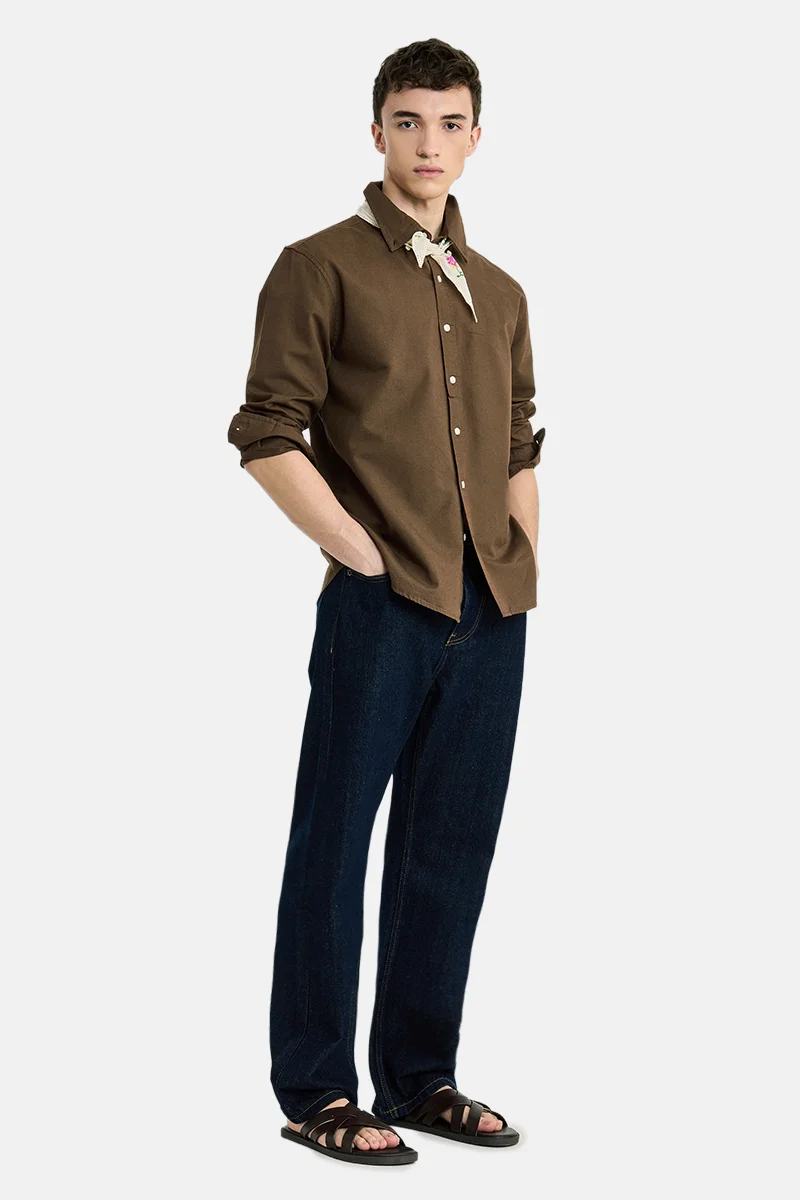 سنيتش Dark Brown Solid Long Sleeve Regular Fit Shirt