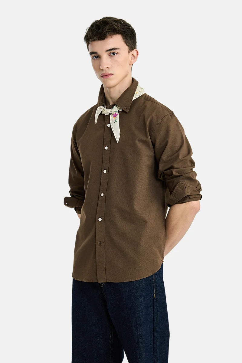 سنيتش Dark Brown Solid Long Sleeve Regular Fit Shirt