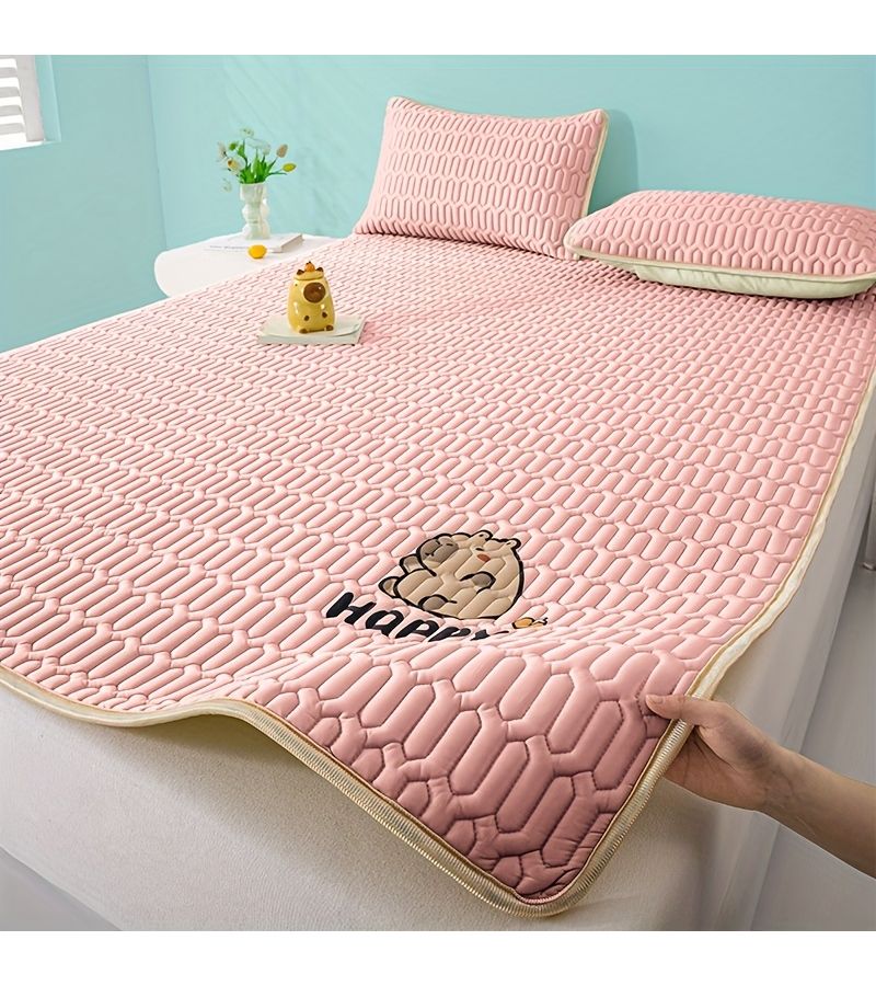 1pc Capibara Premium Gray Cartoon Print Latex Mattress Pad Breathable Soft Skin Friendly Summer Cooling Foldable Easy Care For Bedroom Dorm Guest Room - Image 3