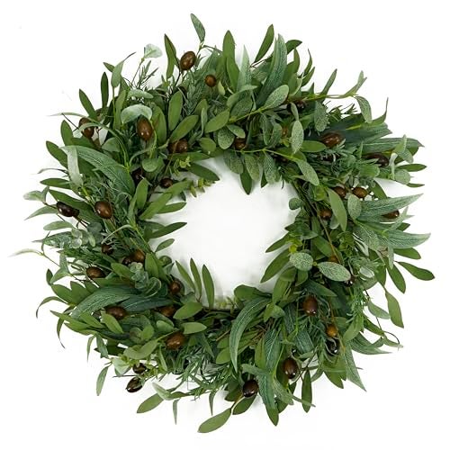 WreathDream 22 inch Olive Wreaths for Front Door Greenery Wreath with Olive Leaves, Bean for All Season Front Door Indoor Outdoor Farmhouse Home Wall Window Festival Wedding Decor - Image 1