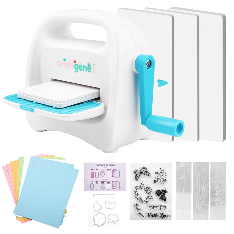 CraftGenes Mini Die Cutting and Embossing Machine with Starter Kit, 8.5 cm (3.5") Feed Slot for 3" Paper, Includes 24 Accessories for DIY Crafts, Card Making & Scrapbooking(Blue) - Image 1