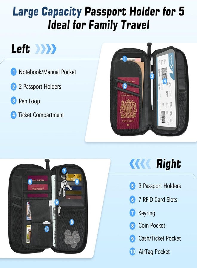 موكو حافظة جوازات سفر عائلية من موكو تتسع لخمسة أشخاص مع حزام كتف وحامل بطاقة AirTag، محفظة سفر مزودة بتقنية حجب RFID، منظم وثائق سفر لتذاكر الطائرة والبطاقات والعملات المعدنية والمفاتيح والأقلام، لون أسود - Image 2