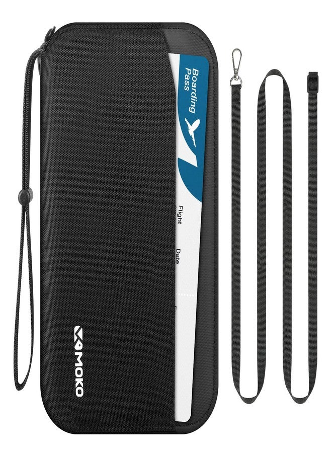 موكو حافظة جوازات سفر عائلية من موكو تتسع لخمسة أشخاص مع حزام كتف وحامل بطاقة AirTag، محفظة سفر مزودة بتقنية حجب RFID، منظم وثائق سفر لتذاكر الطائرة والبطاقات والعملات المعدنية والمفاتيح والأقلام، لون أسود - Image 1