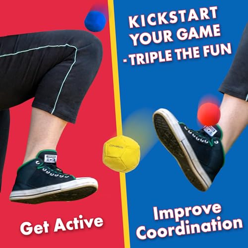 Covelico Footbag Hacky Set of 3 for Kids Teens Adults Yellow Blue Red Sack Each 228 inch 16oz Durable Dual Layered Synthetic Suede Instructions Stylish Bag Solo or Group Footbag Game - Image 5