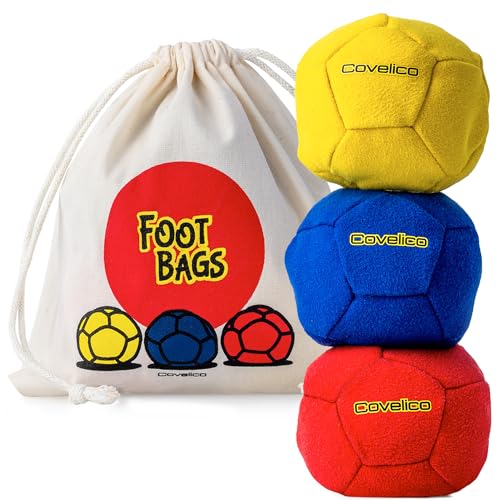 Covelico Footbag Hacky Set of 3 for Kids Teens Adults Yellow Blue Red Sack Each 228 inch 16oz Durable Dual Layered Synthetic Suede Instructions Stylish Bag Solo or Group Footbag Game - Image 1