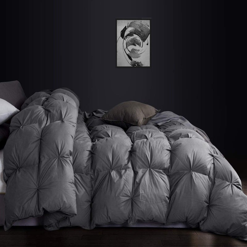 Egyptian Bedding Luxurious AllSeason Goose Down Feather Fiber Comforter King Size Duvet Insert Exquisite Pinch Pleat Ruffled Twisted Flower Premium Baffle Box 100 Egyptian Cotton Cover 70 oz Fill Weight Gray 