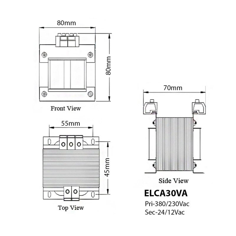 Elca General Purpose Indoor Transformer Power 30VA Input 380Vac & 230Vac Output 24Vac & 12Vac Used For industrial Electrical Panels. - Image 2