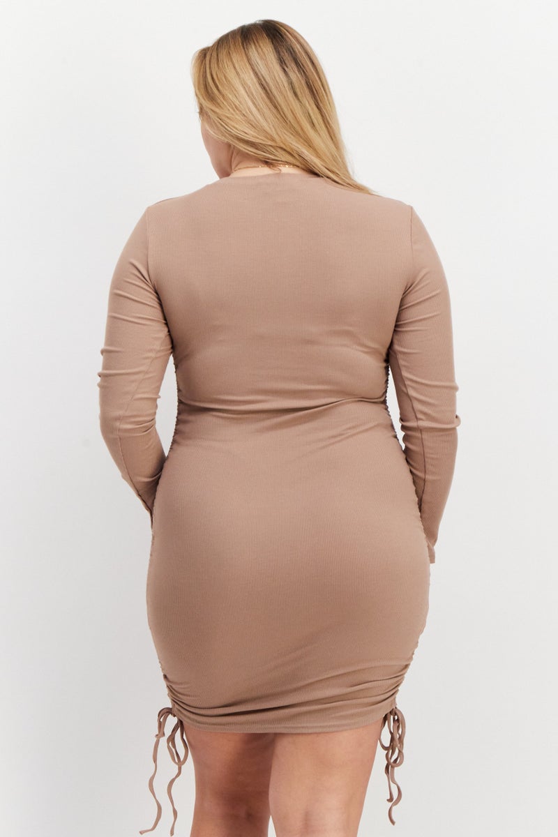 STEVE MADDEN BB Dakota by Steve Madden Women Ruched Bodycon Dress, Tan - Image 4