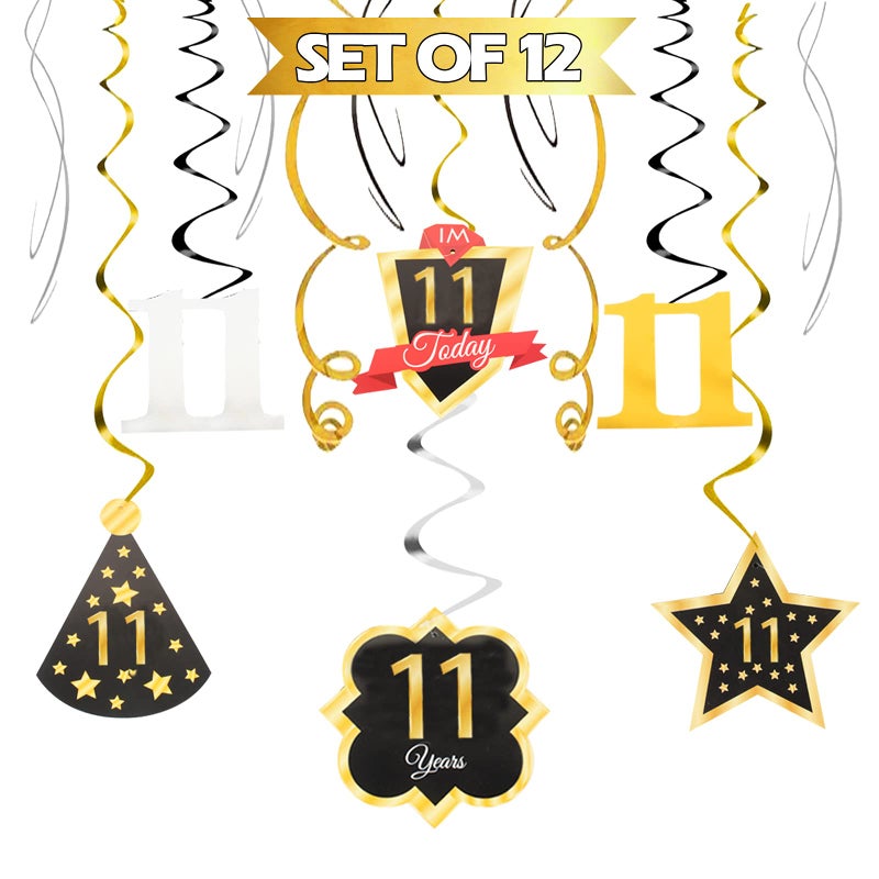 LINGTEER Happy 11th Birthday Decorations  12Pcs Birthday Black  Gold Swirls Streamer SetCheers to Eleven Years Old Bday Party Decorations Gift Sign