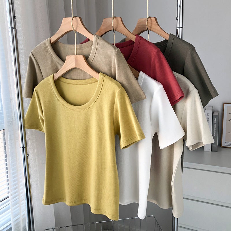 قطرة المياه U-Neck تي شيرت  ضلع القطن النقي قصيرة الأكمام تي شيرت للمرأة، عصرية في أسلوب الربيع / الصيف أعلى، فضفاضة التركيب قاعدة قميص، العلامة التجارية العصرية - Image 5