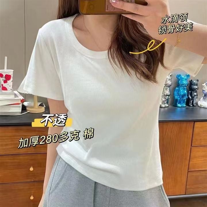 قطرة المياه U-Neck تي شيرت  ضلع القطن النقي قصيرة الأكمام تي شيرت للمرأة، عصرية في أسلوب الربيع / الصيف أعلى، فضفاضة التركيب قاعدة قميص، العلامة التجارية العصرية - Image 3
