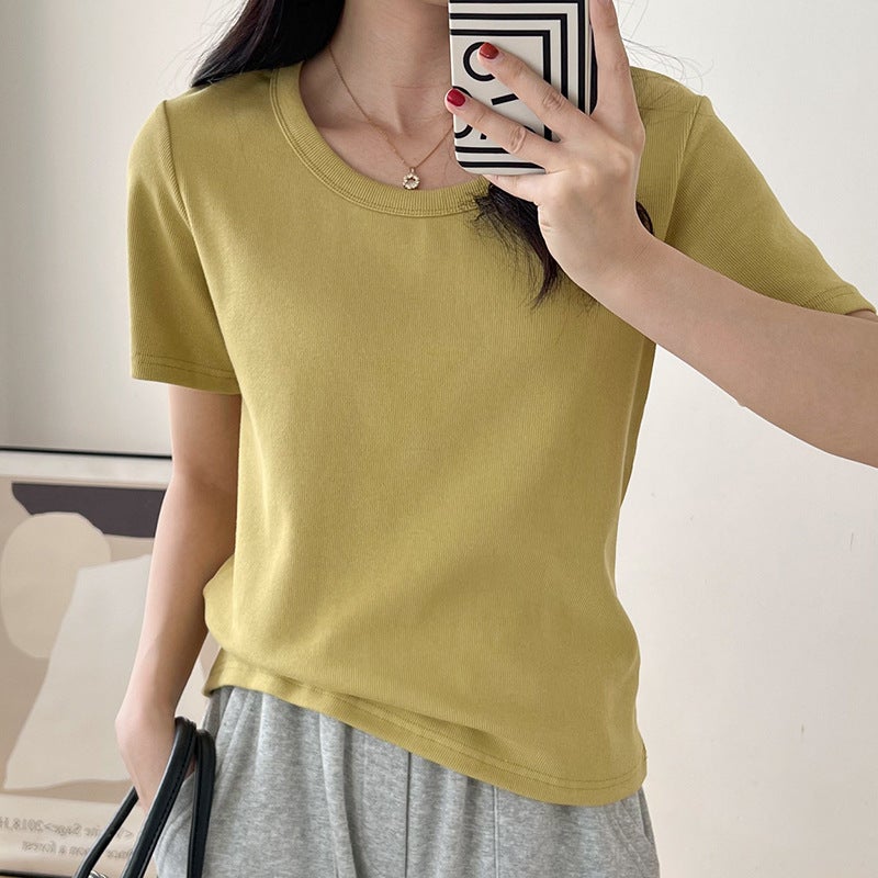 قطرة المياه U-Neck تي شيرت  ضلع القطن النقي قصيرة الأكمام تي شيرت للمرأة، عصرية في أسلوب الربيع / الصيف أعلى، فضفاضة التركيب قاعدة قميص، العلامة التجارية العصرية - Image 4