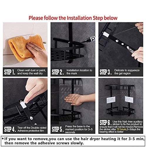 Tagve Self Adhesive Bathroom Shelf with Hooks no Drill Durable Aluminium 2 Tiers Shower Frame Paste Corner Caddy Kitchen Storage Basket Suction Cup Corner Shower Black - Image 4