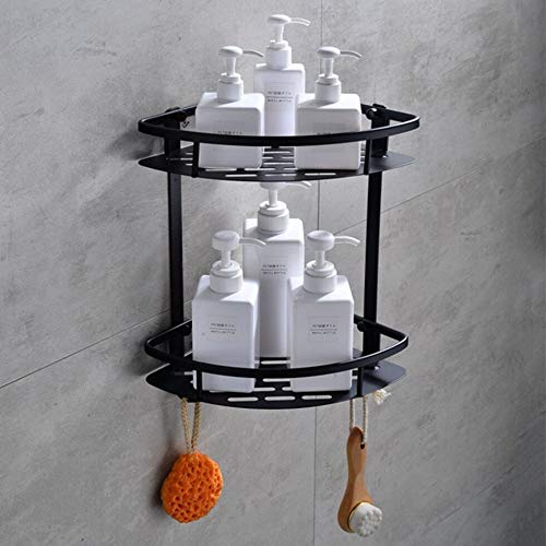 Tagve Self Adhesive Bathroom Shelf with Hooks no Drill Durable Aluminium 2 Tiers Shower Frame Paste Corner Caddy Kitchen Storage Basket Suction Cup Corner Shower Black - Image 1